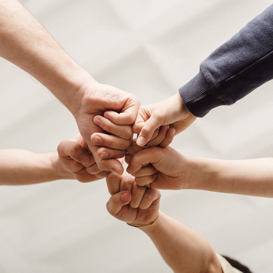 Five fists held against each other as a sign of solidarity.